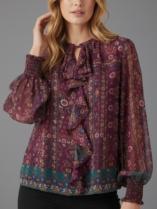 1. State Tops - NWT 1. STATE Purple Floral Sheer Long Sleeve Ruffle Front Blouse Size X-Large